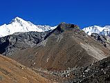 Gokyo 6 Knobby View 1 Cho Oyu And Knobby View Ngozumpa Tse (Knobby View, 5553m), just beyond Scoundrels View, is the spur that begins close to the fifth Gokyo lake. Cho Oyu (8201m) is on the left.